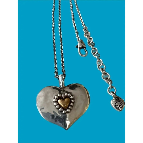 Brighton LOVE BEYOND WORDS Silver Gold Heart 1 inch Pendant Necklace w/pouch - Picture 1 of 8